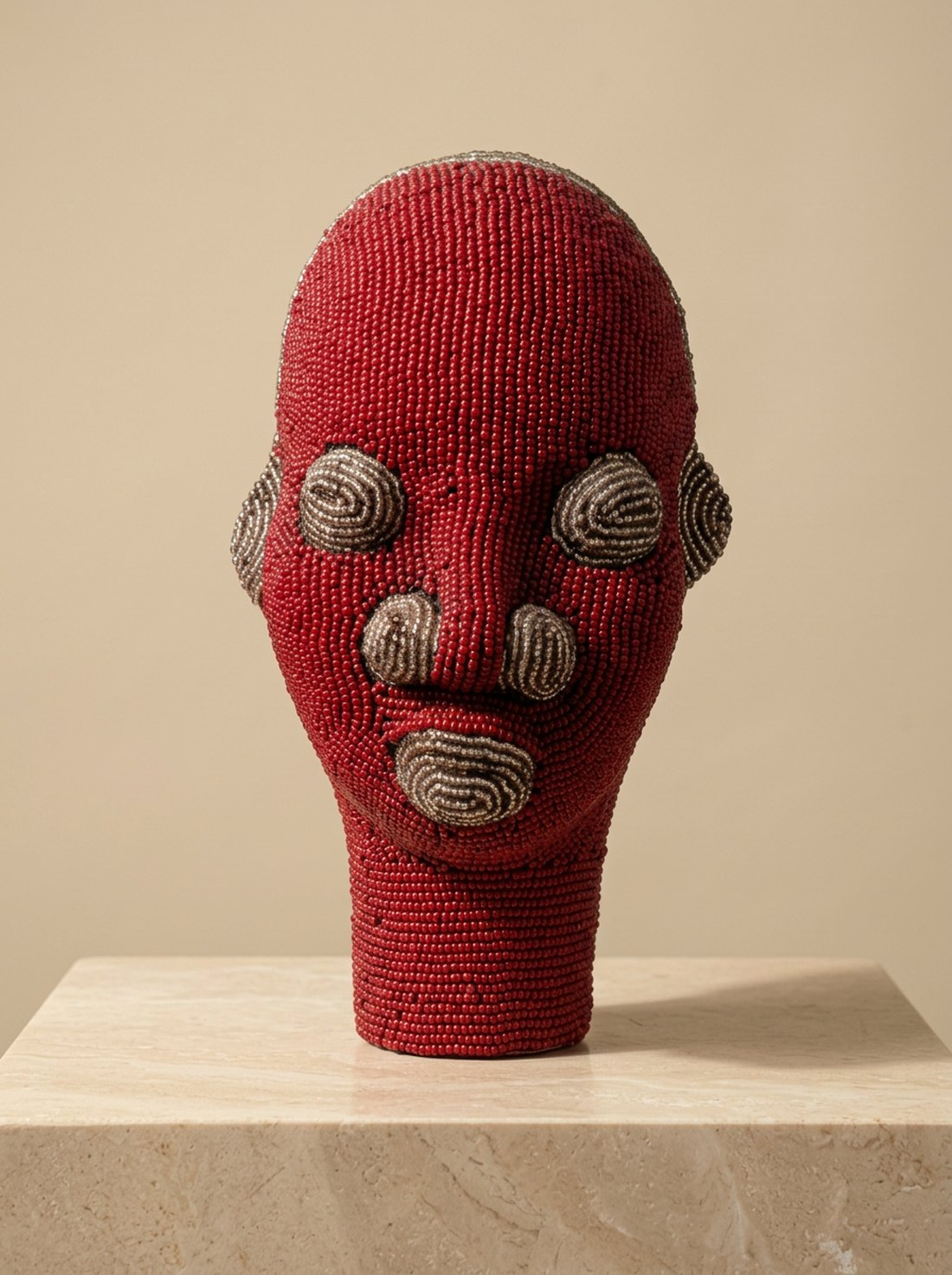Ngum, beaded portrait, crimson & silver